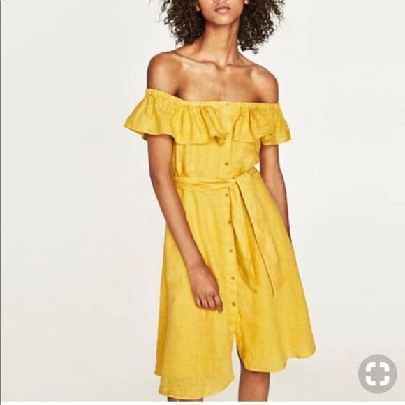 Zara Linen Yellow Off The Shoulder Dress Size XS - Picture 1 of 12